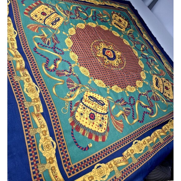 Unbranded Accessories - Equestrian Carriage Tassel Scarf Blue Gold Red Large 47x47 Square Vintage